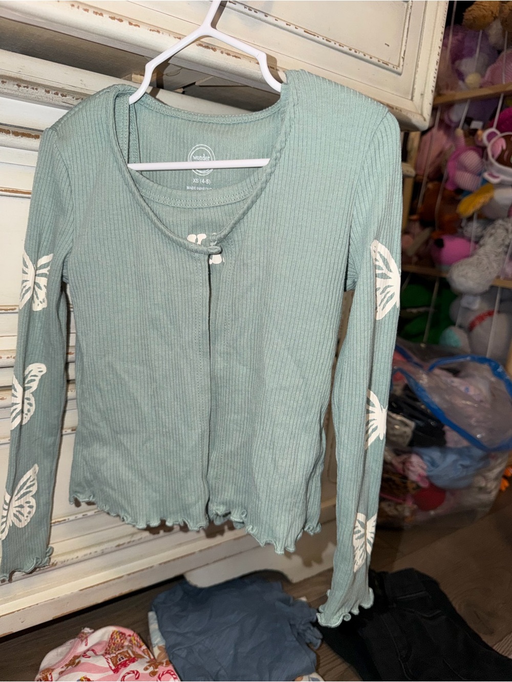 Sage ‘Be Kind’ Ribbed Button Top with White Butterfly Prints
